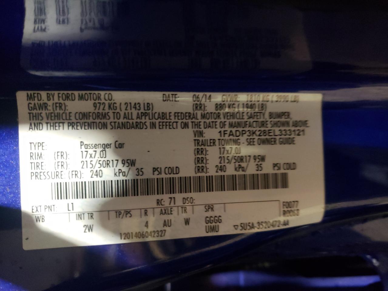 Photo 10 from auction – 2014 FORD FOCUS SE with VIN 1FADP3K28EL333121