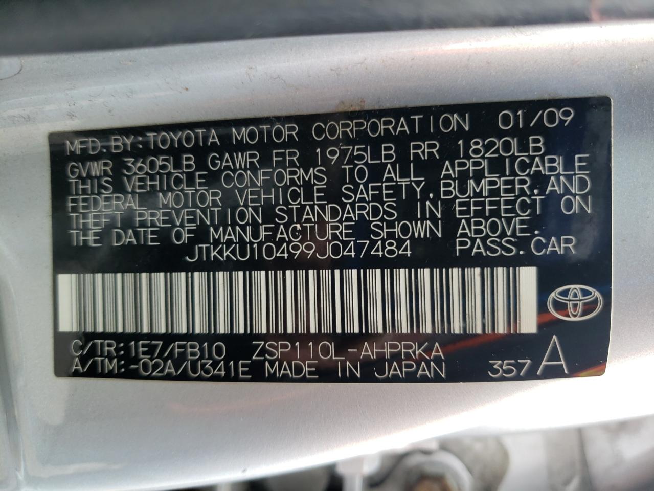 Photo 10 from auction – 2009 TOYOTA SCION XD with VIN JTKKU10499J047484