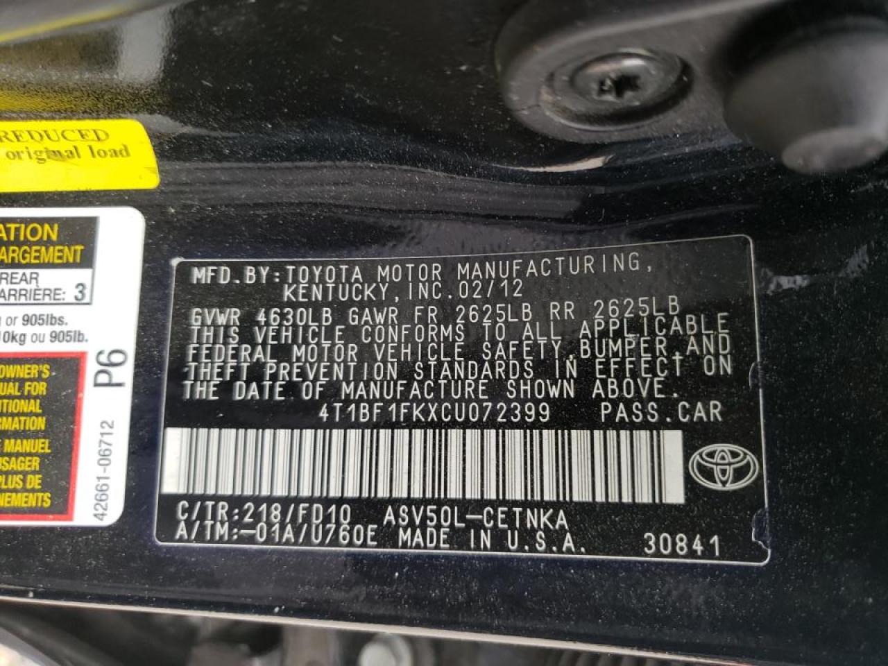 Photo 10 from auction – 2012 TOYOTA CAMRY BASE with VIN 4T1BF1FKXCU072399