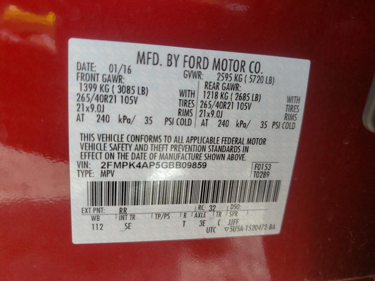 Photo 10 from auction – 2016 FORD EDGE SPORT with VIN 2FMPK4AP5GBB09859
