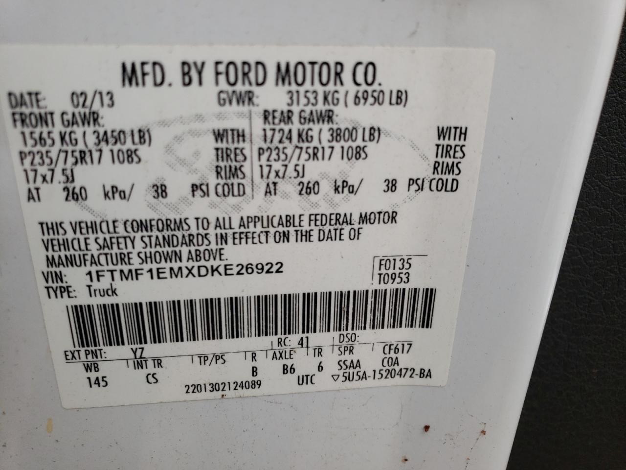 Photo 10 from auction – 2013 FORD F150 with VIN 1FTMF1EMXDKE26922