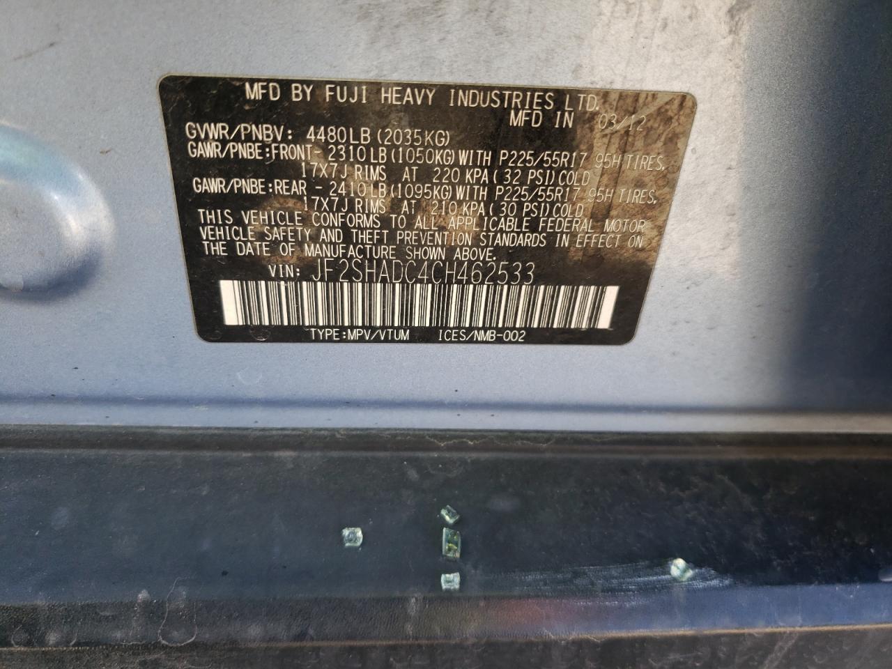 Photo 10 from auction – 2012 SUBARU FORESTER 2 with VIN JF2SHADC4CH462533