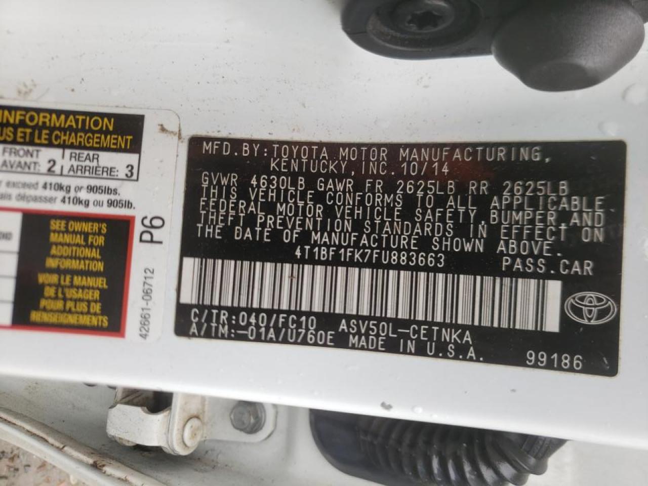 Photo 10 from auction – 2015 TOYOTA CAMRY LE with VIN 4T1BF1FK7FU883663