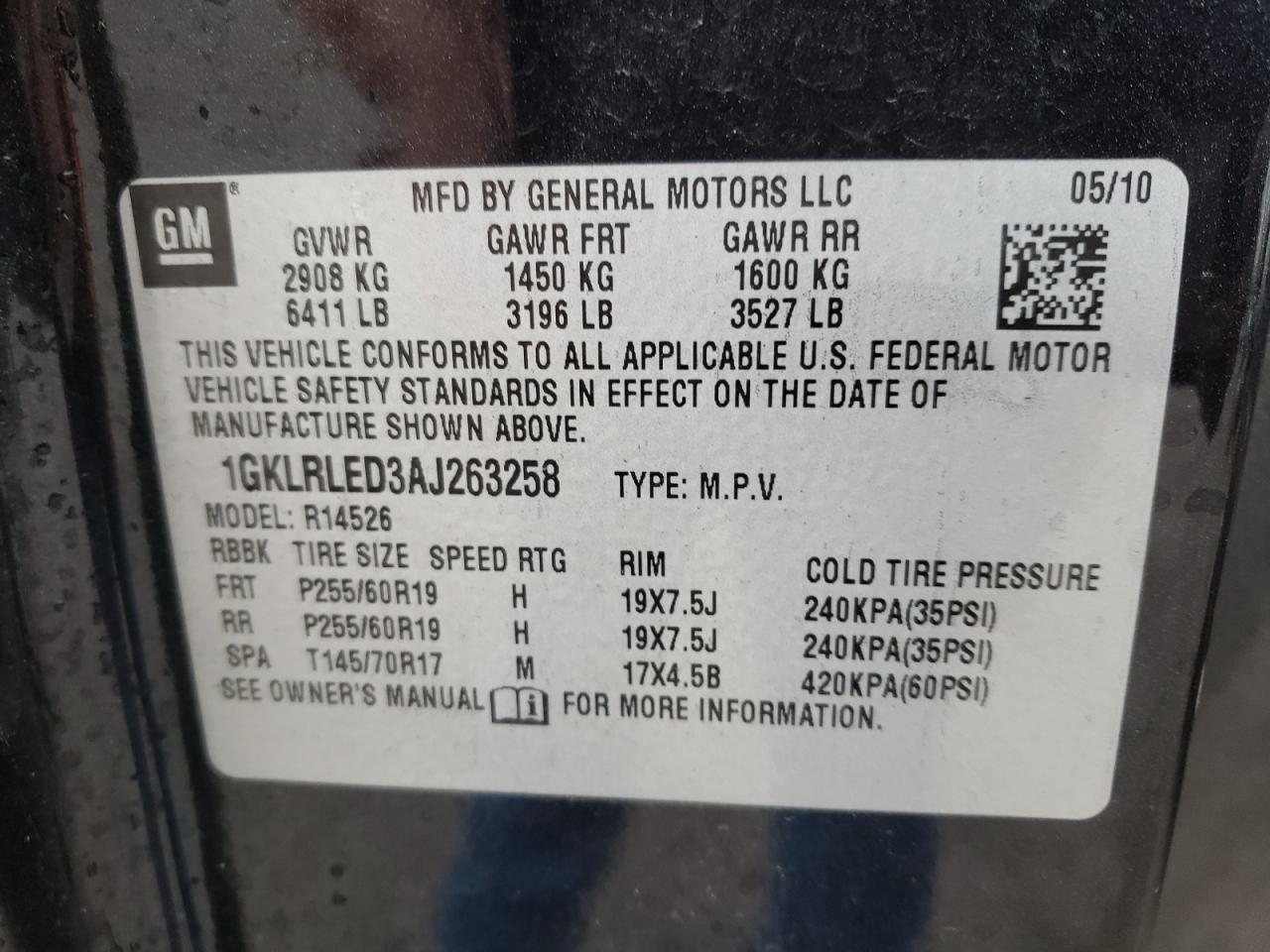 Photo 10 from auction – 2010 GMC ACADIA SLE with VIN 1GKLRLED3AJ263258