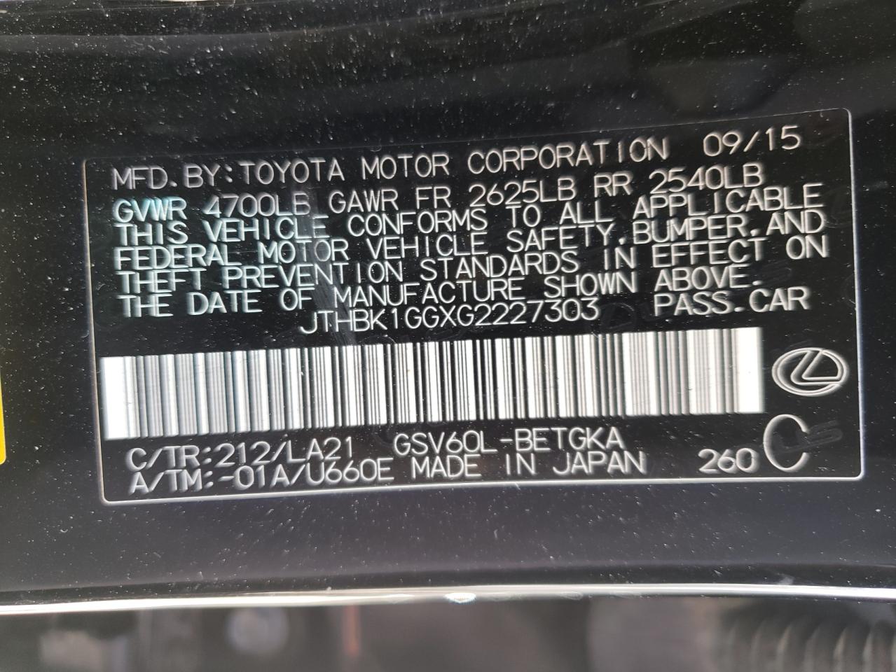 Photo 10 from auction – 2016 LEXUS ES 350 with VIN JTHBK1GGXG2227303