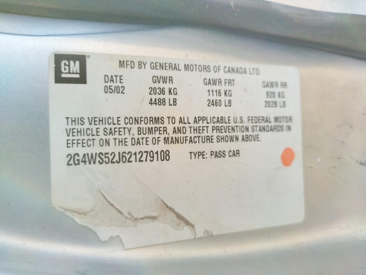 Photo 10 from auction – 2002 BUICK CENTURY CU with VIN 2G4WS52J621279108