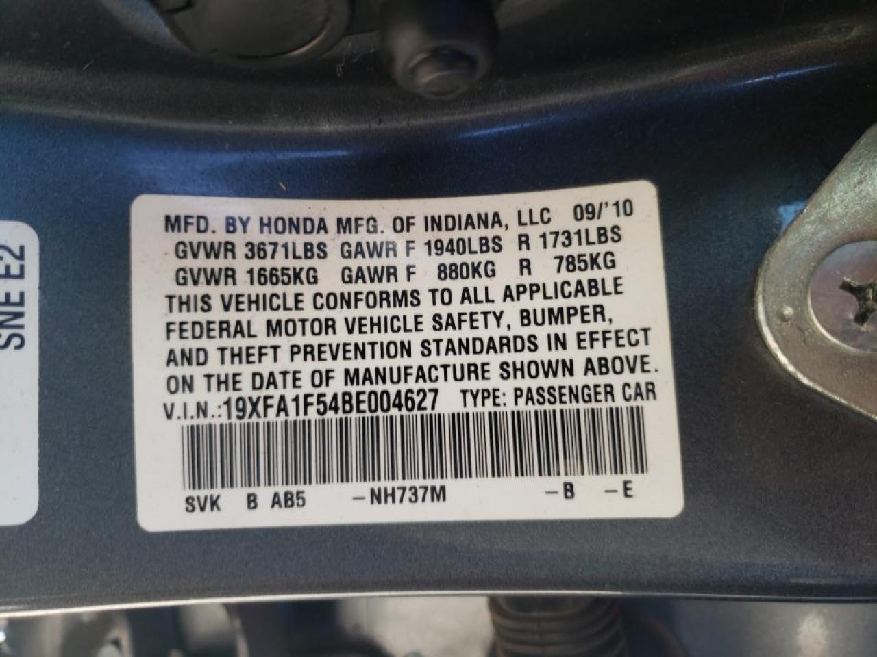 Photo 10 from auction – 2011 HONDA CIVIC LX with VIN 19XFA1F54BE004627