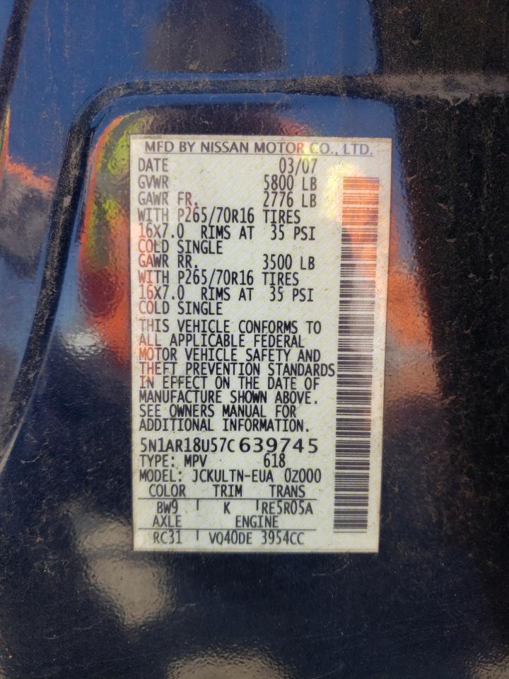 Photo 10 from auction – 2007 NISSAN PATHFINDER with VIN 5N1AR18U57C639745