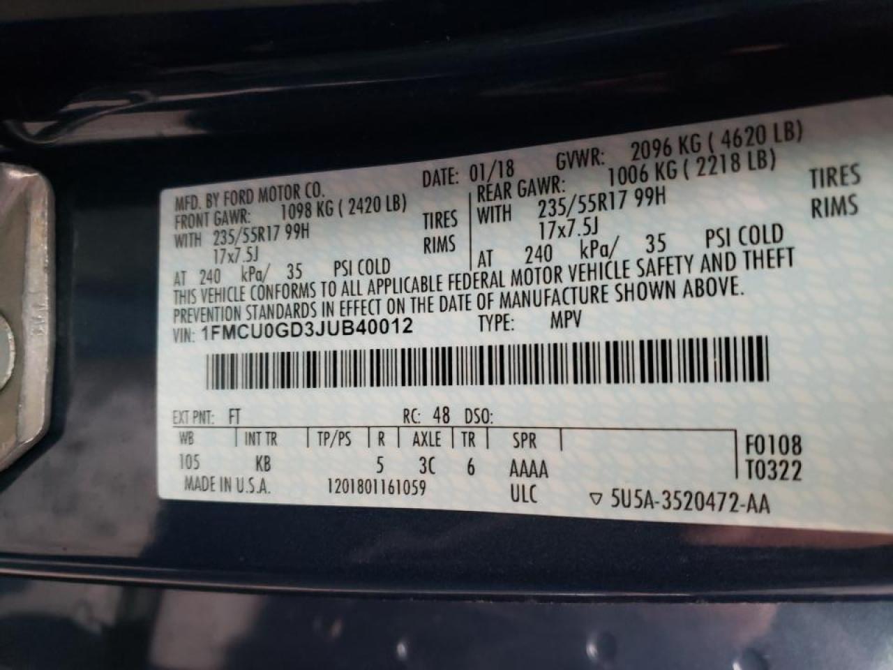 Photo 10 from auction – 2018 FORD ESCAPE SE with VIN 1FMCU0GD3JUB40012