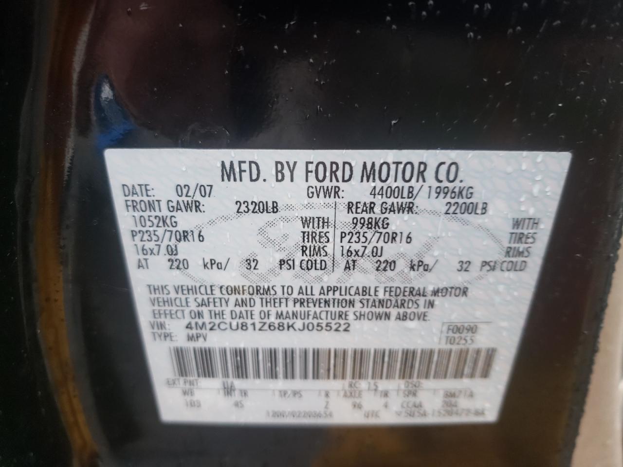 Photo 10 from auction – 2008 MERCURY MARINER with VIN 4M2CU81Z68KJ05522