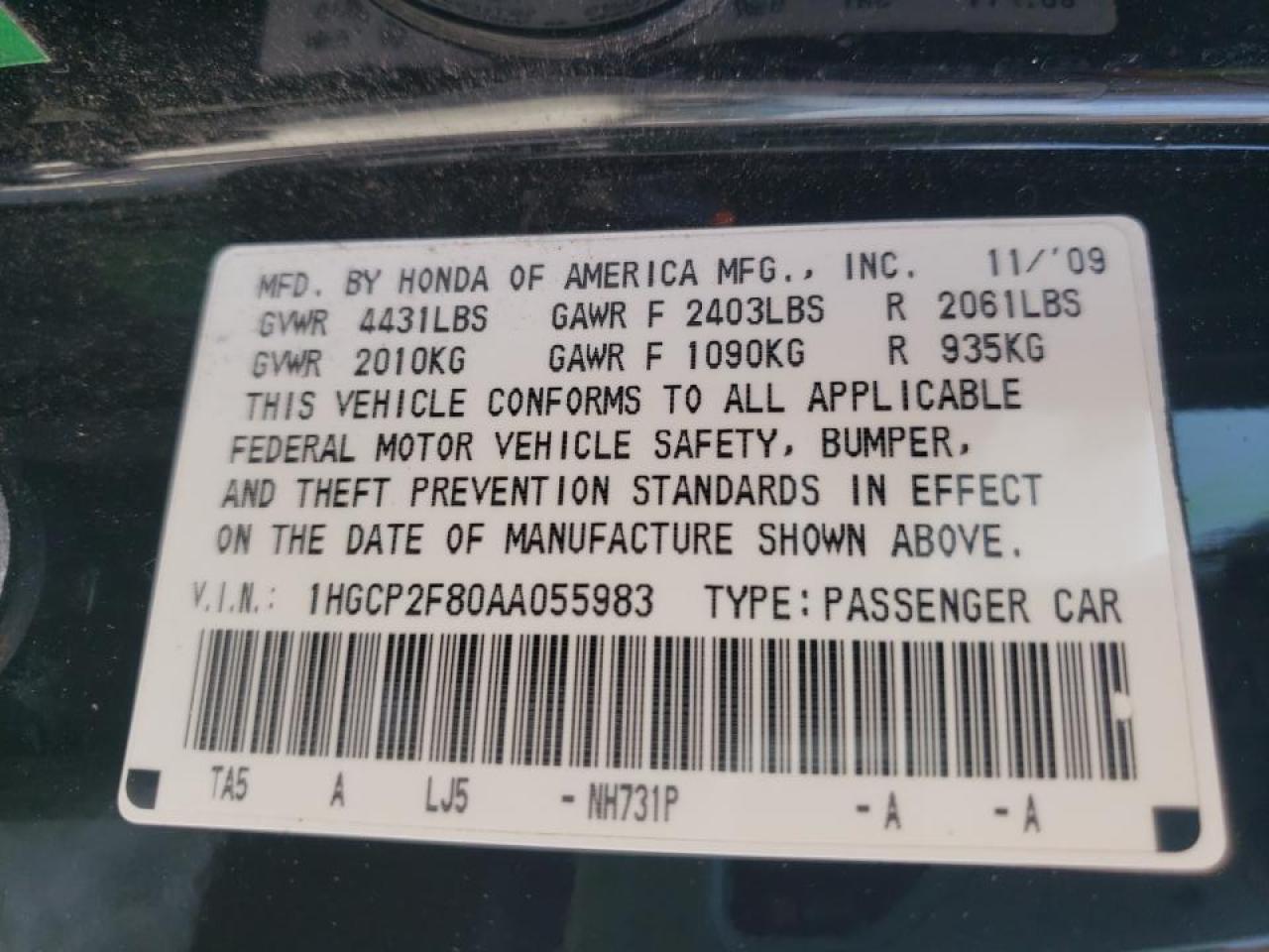 Photo 10 from auction – 2010 HONDA ACCORD EXL with VIN 1HGCP2F80AA055983
