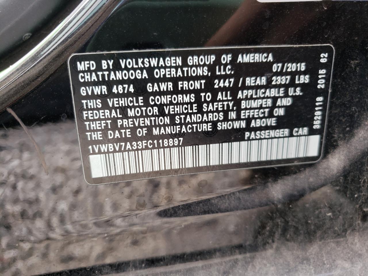 Photo 10 from auction – 2015 VOLKSWAGEN PASSAT SE with VIN 1VWBV7A33FC118897