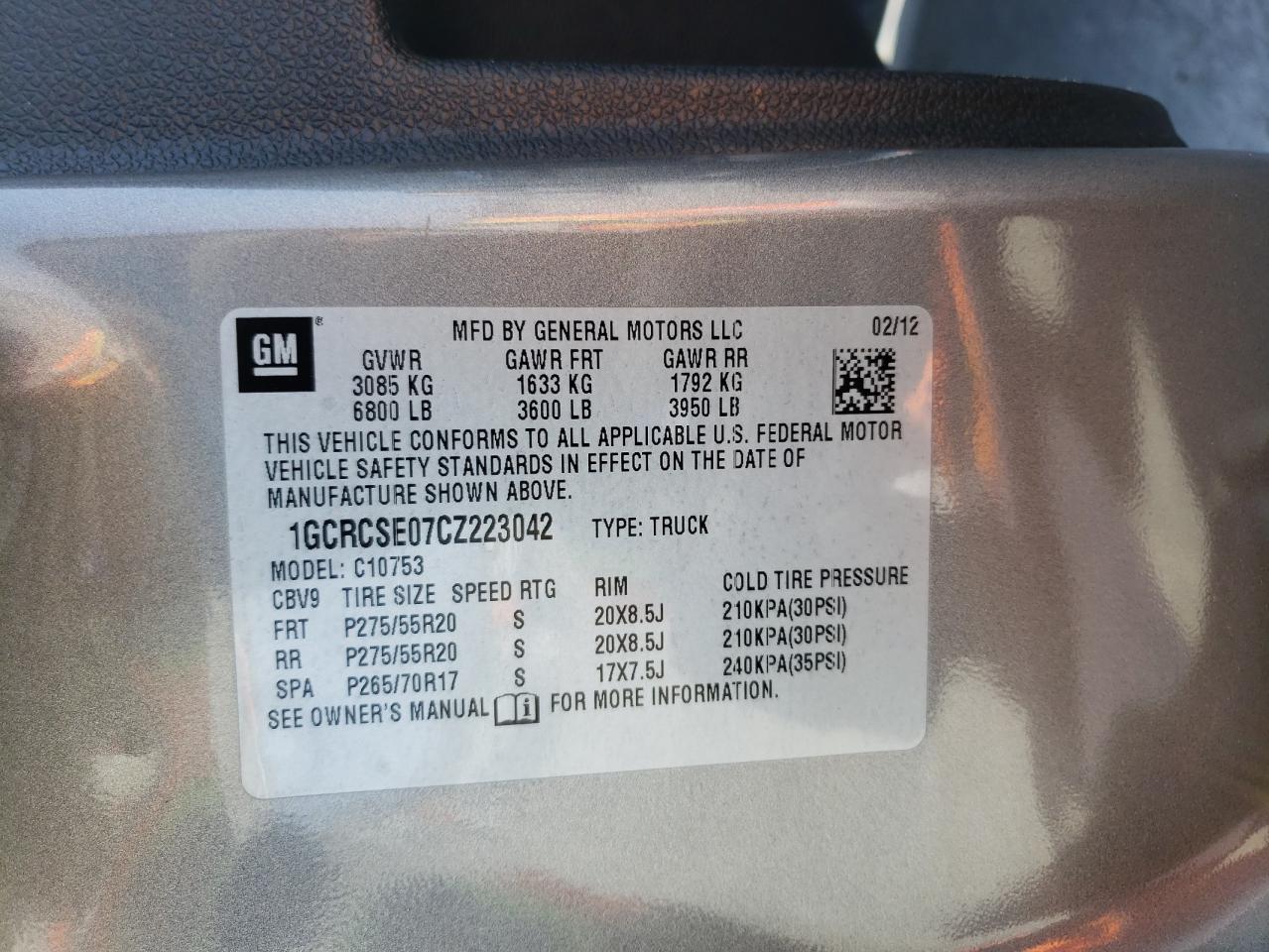 Photo 10 from auction – 2012 CHEVROLET SILVERADO with VIN 1GCRCSE07CZ223042