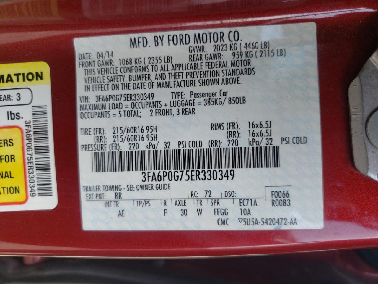 Photo 10 from auction – 2014 FORD FUSION S with VIN 3FA6P0G75ER330349