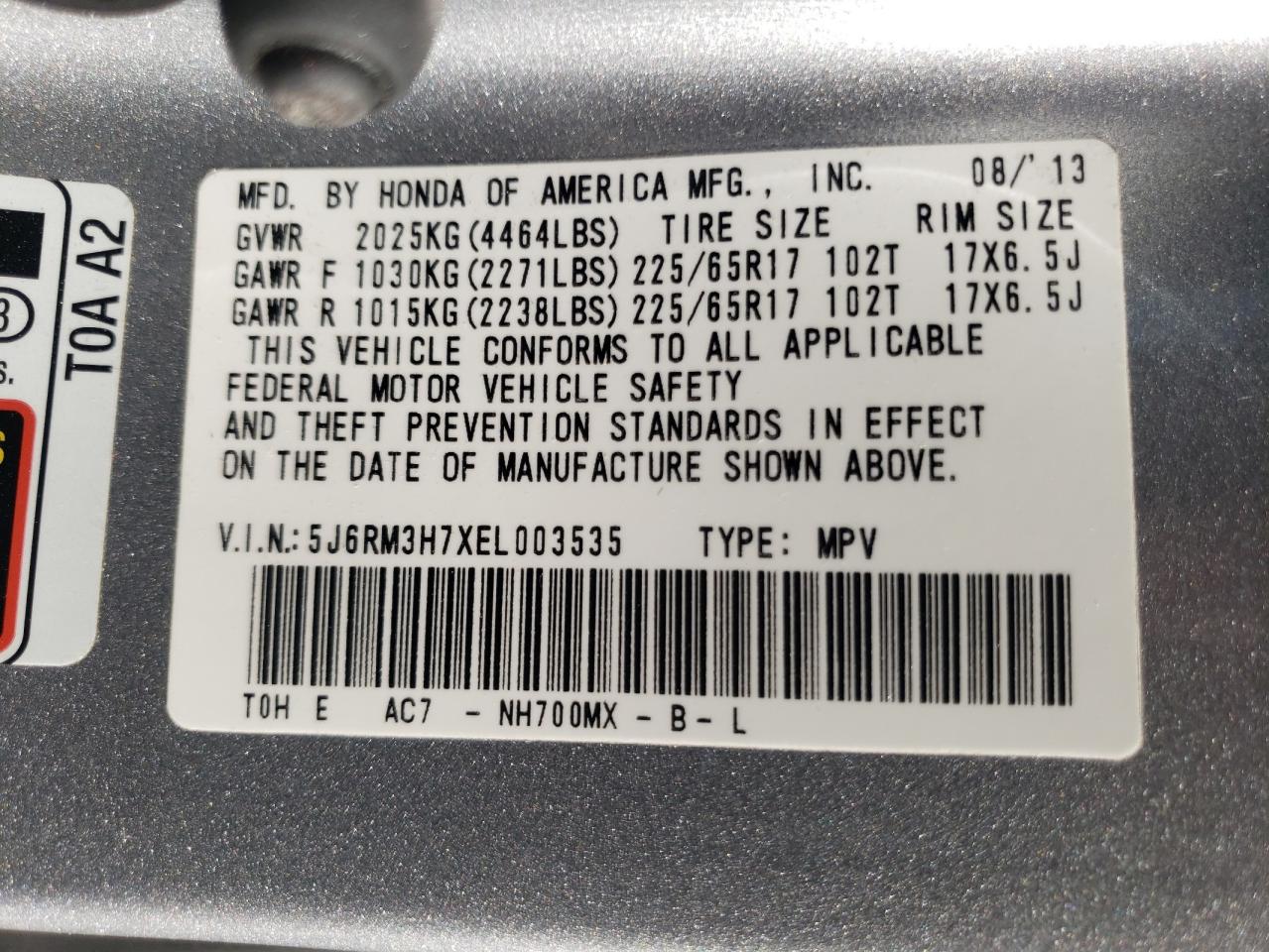 Photo 10 from auction – 2014 HONDA CR-V EXL with VIN 5J6RM3H7XEL003535