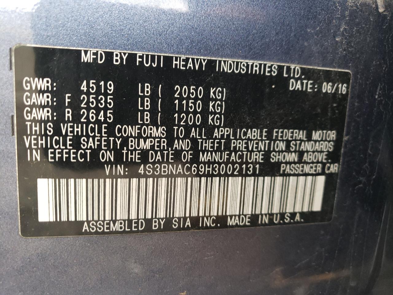 Photo 10 from auction – 2017 SUBARU LEGACY 2.5 with VIN 4S3BNAC69H3002131