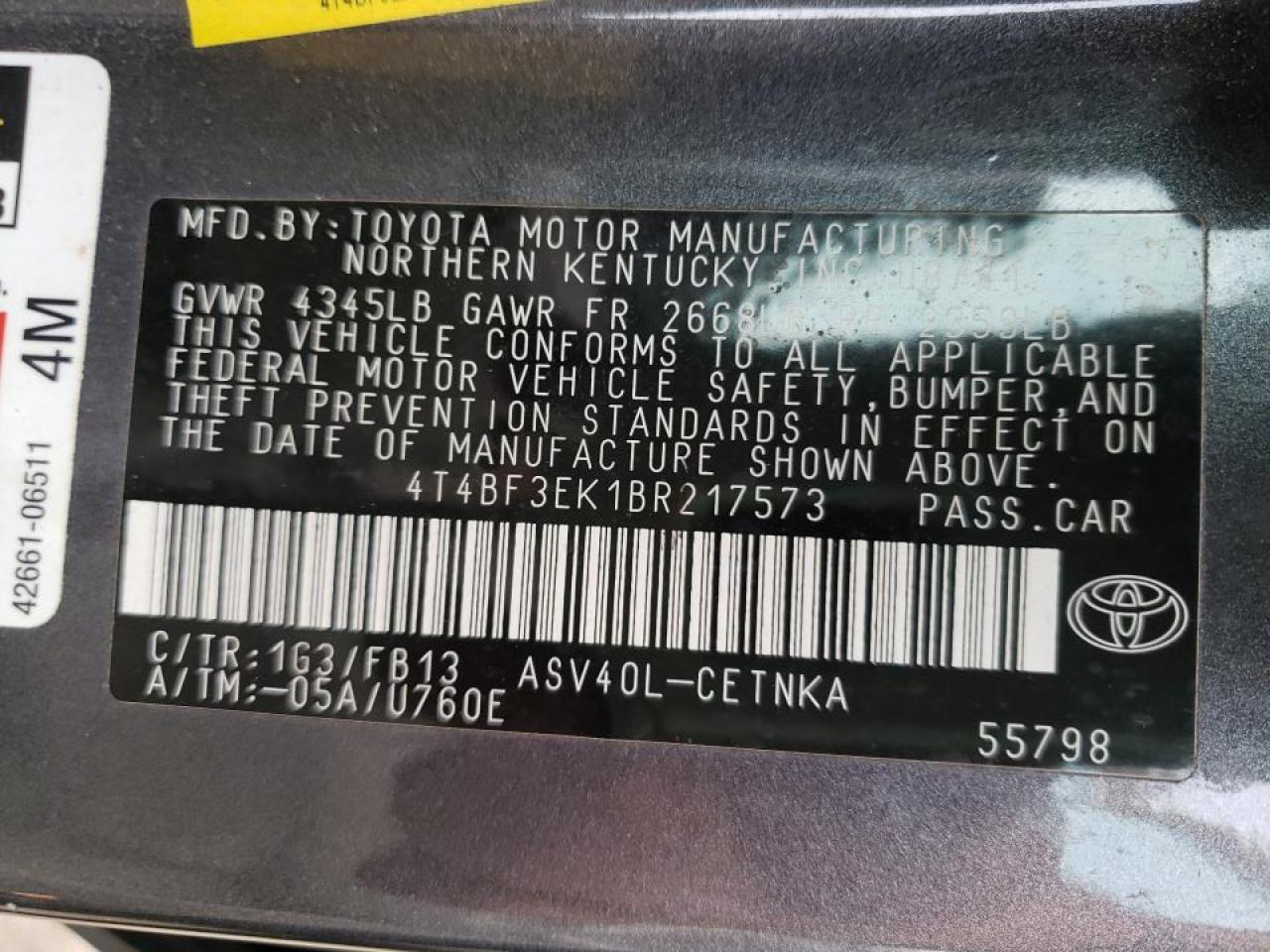 Photo 10 from auction – 2011 TOYOTA CAMRY BASE with VIN 4T4BF3EK1BR217573