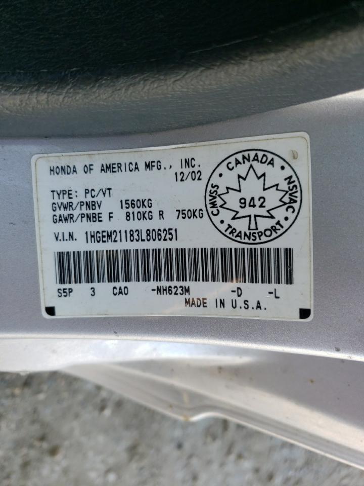 Photo 10 from auction – 2003 HONDA CIVIC DX with VIN 1HGEM21183L806251