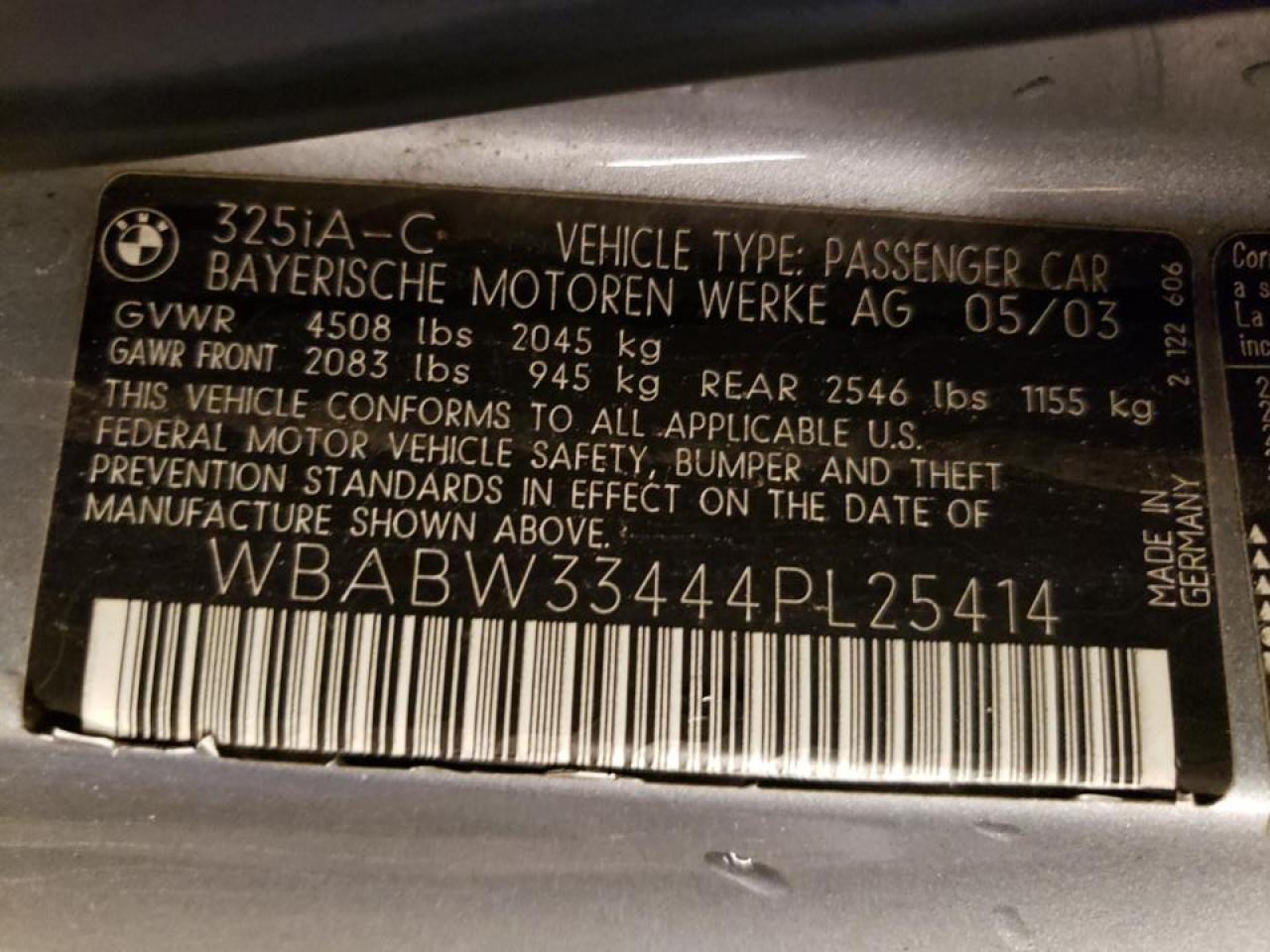 Photo 10 from auction – 2004 BMW 325 CI with VIN WBABW33444PL25414