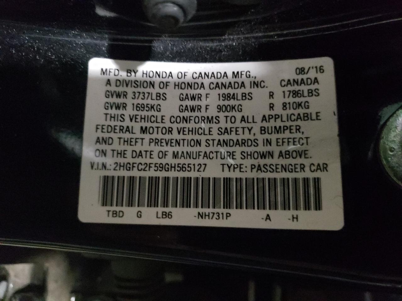 Photo 10 from auction – 2016 HONDA CIVIC LX with VIN 2HGFC2F59GH565127