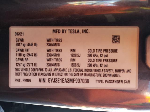 Photo 10 from auction – 2021 TESLA MODEL 3 with VIN 5YJ3E1EA3MF997038