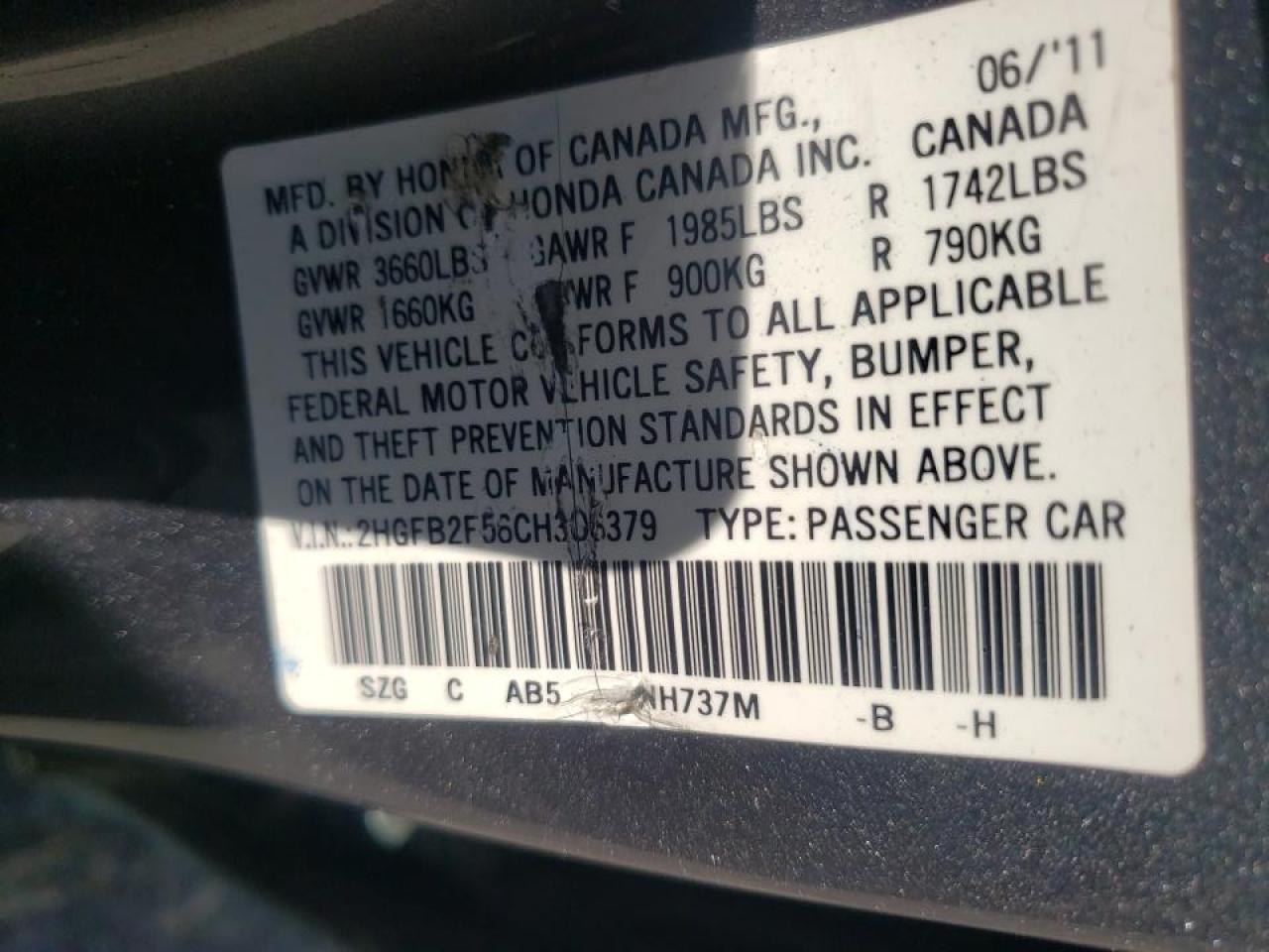 Photo 10 from auction – 2012 HONDA CIVIC LX with VIN 2HGFB2F56CH306379