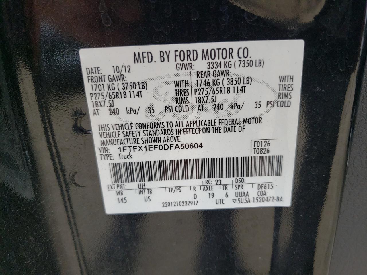 Photo 10 from auction – 2013 FORD F150 SUPER with VIN 1FTFX1EF0DFA50604