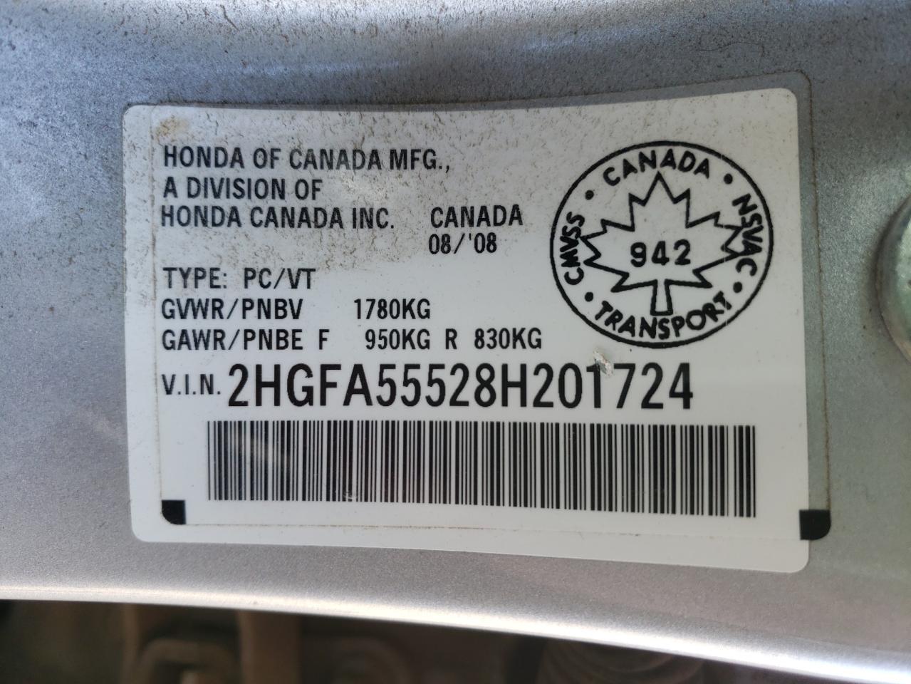 Photo 10 from auction – 2008 HONDA CIVIC SI with VIN 2HGFA55528H201724
