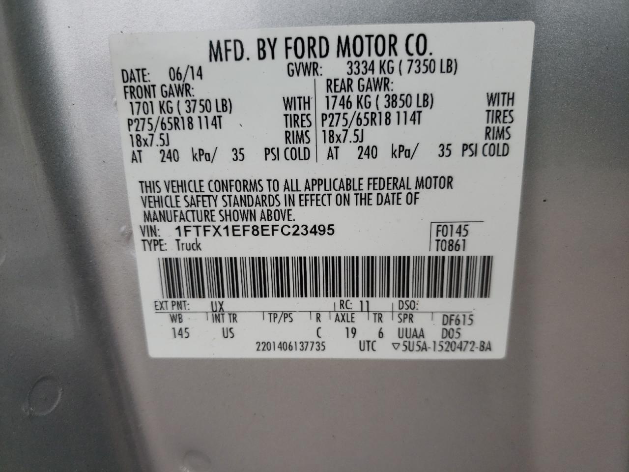 Photo 10 from auction – 2014 FORD F150 SUPER with VIN 1FTFX1EF8EFC23495