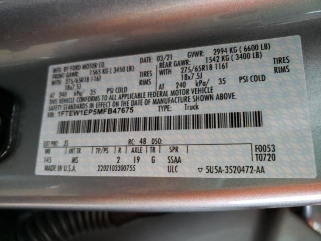 Photo 10 from auction – 2021 FORD F150 SUPER with VIN 1FTEW1EP5MFB47675