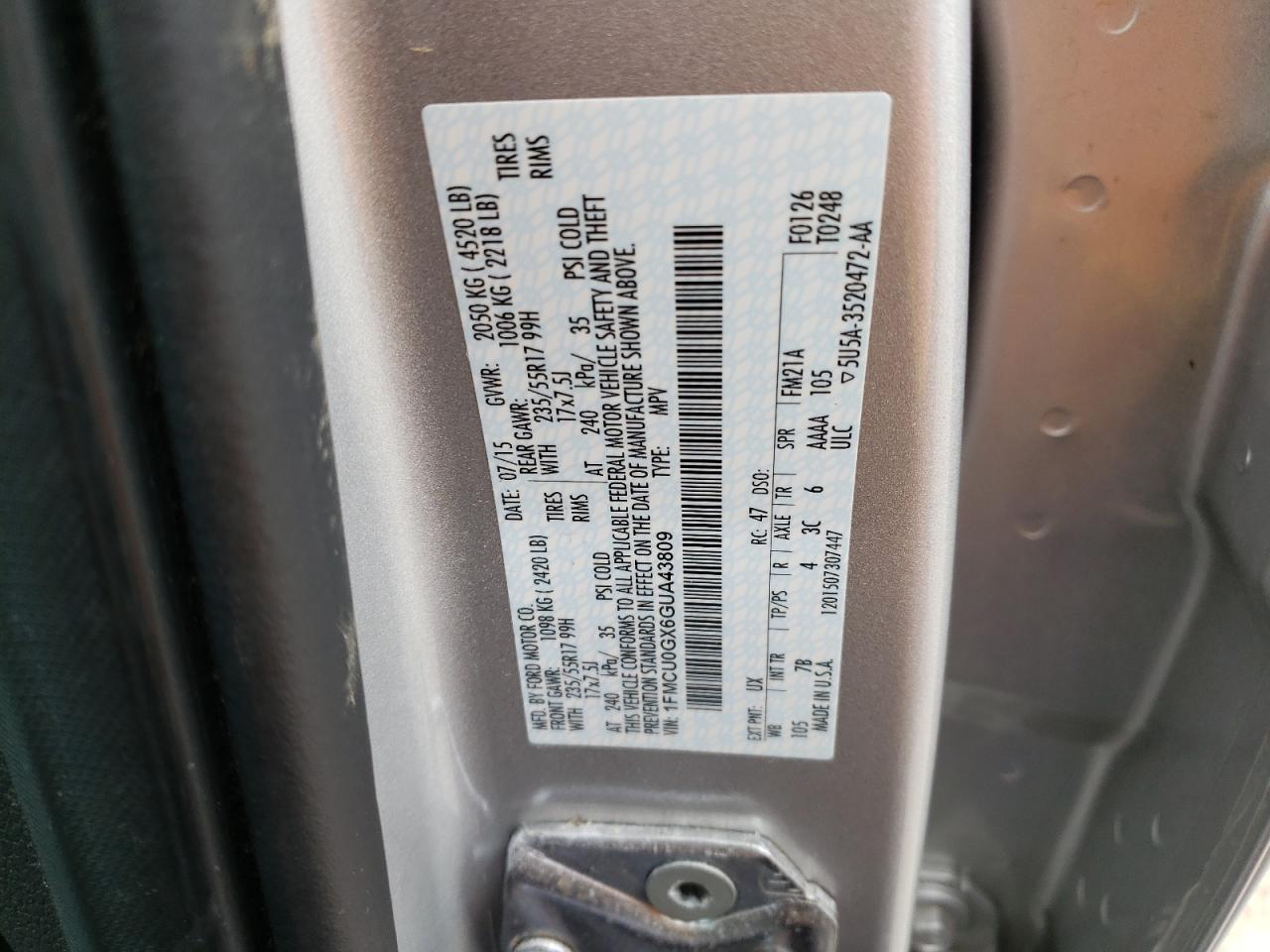 Photo 10 from auction – 2016 FORD ESCAPE SE with VIN 1FMCU0GX6GUA43809
