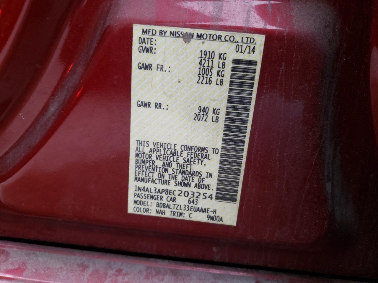 Photo 10 from auction – 2014 NISSAN ALTIMA 2.5 with VIN 1N4AL3AP8EC203254