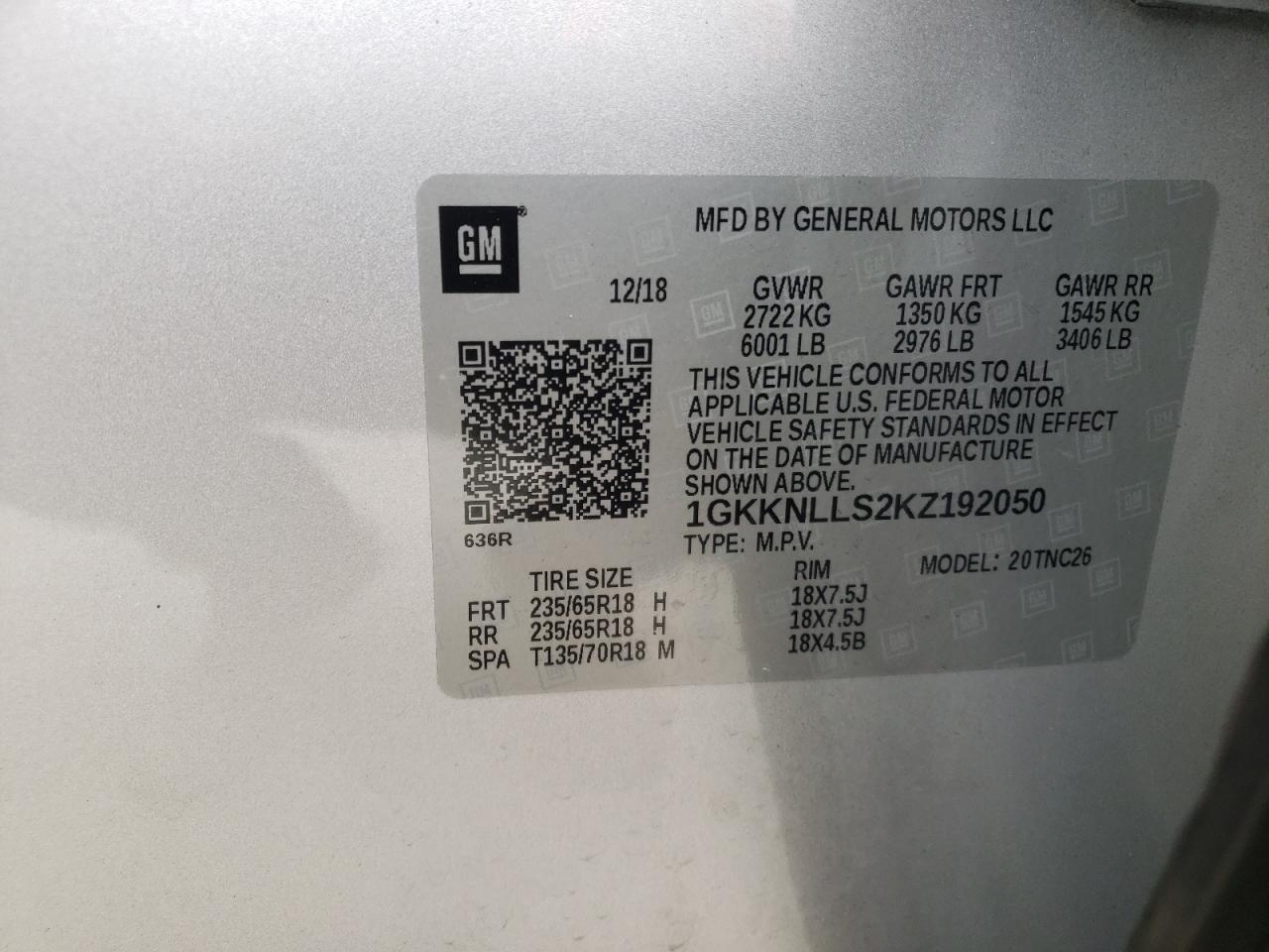 Photo 10 from auction – 2019 GMC ACADIA SLE with VIN 1GKKNLLS2KZ192050
