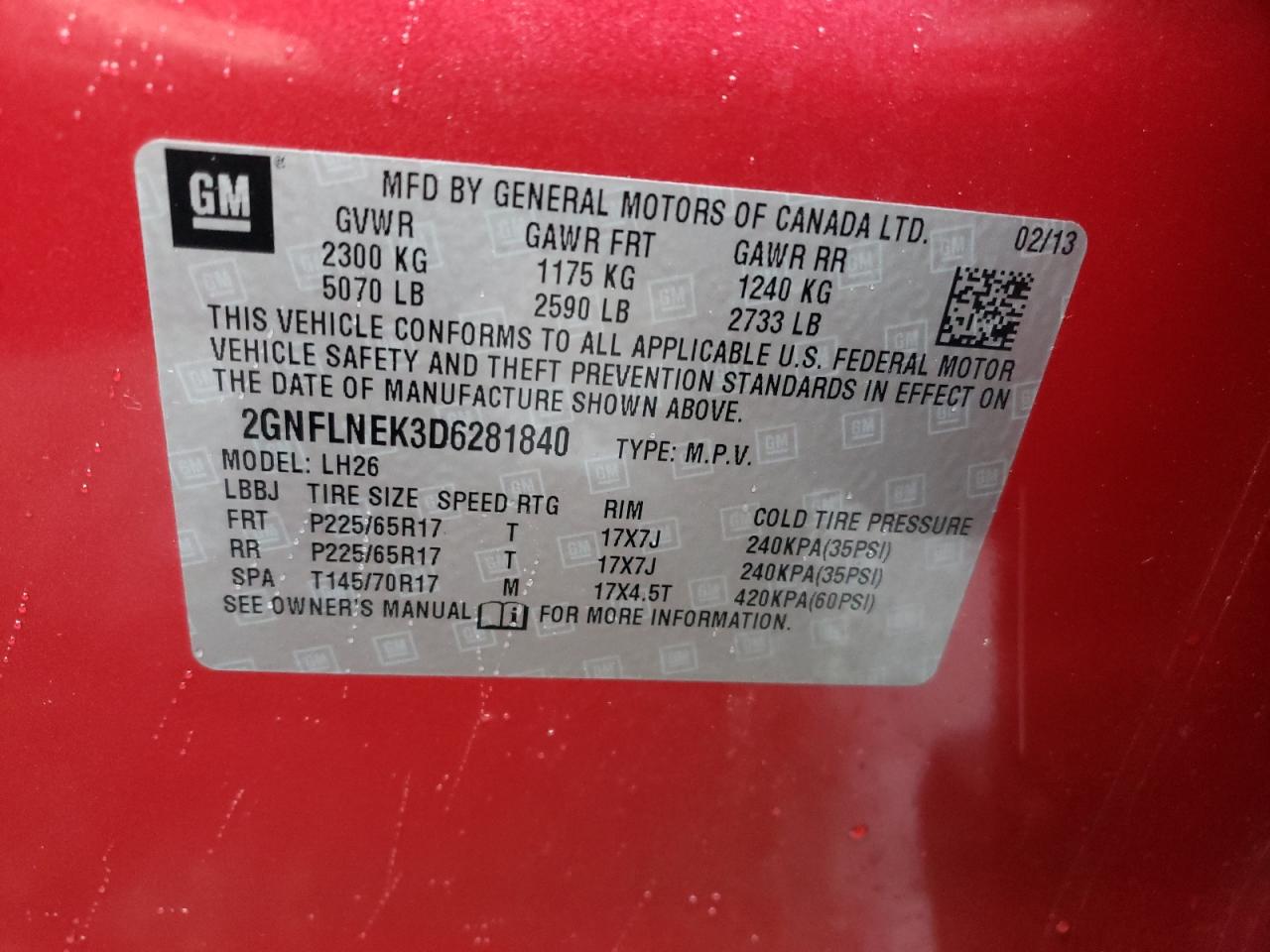 Photo 10 from auction – 2013 CHEVROLET EQUINOX LT with VIN 2GNFLNEK3D6281840