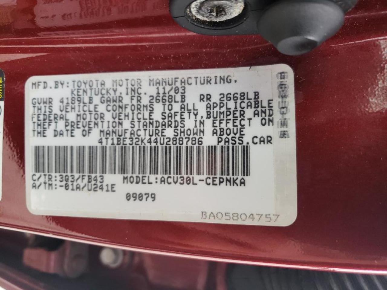 Photo 10 from auction – 2004 TOYOTA CAMRY LE with VIN 4T1BE32K44U288786