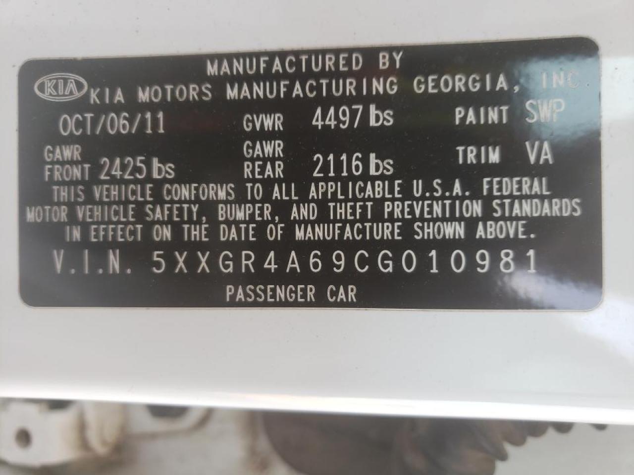 Photo 10 from auction – 2012 KIA OPTIMA SX with VIN 5XXGR4A69CG010981