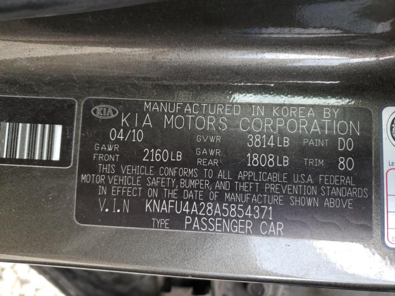 Photo 10 from auction – 2010 KIA FORTE EX with VIN KNAFU4A28A5854371