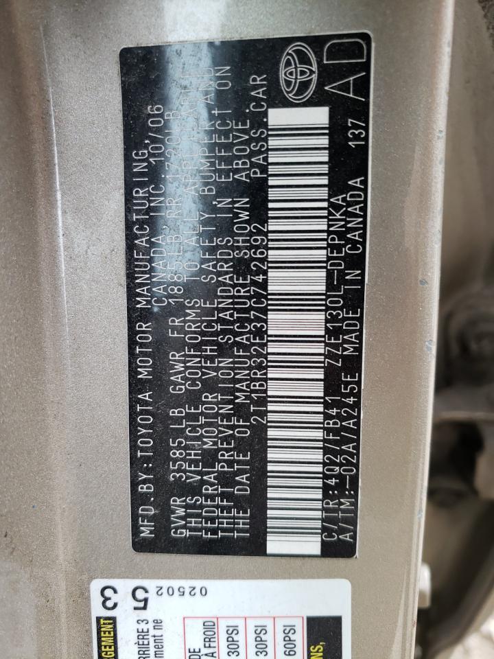 Photo 10 from auction – 2007 TOYOTA COROLLA CE with VIN 2T1BR32E37C742692