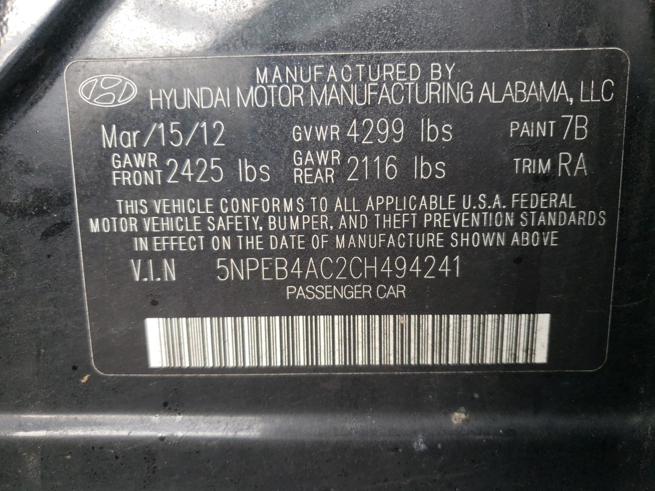 Zdjęcie 10 z aukcji – 2012 HYUNDAI SONATA GLS z VIN 5NPEB4AC2CH494241
