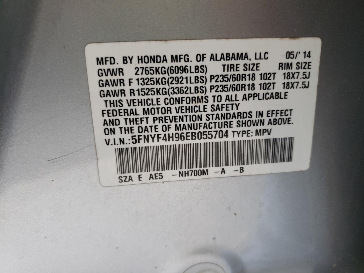 Photo 10 from auction – 2014 HONDA PILOT TOUR with VIN 5FNYF4H96EB055704