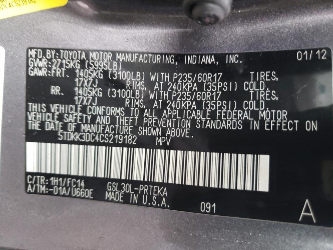 Photo 10 from auction – 2012 TOYOTA SIENNA LE with VIN 5TDKK3DC4CS219182