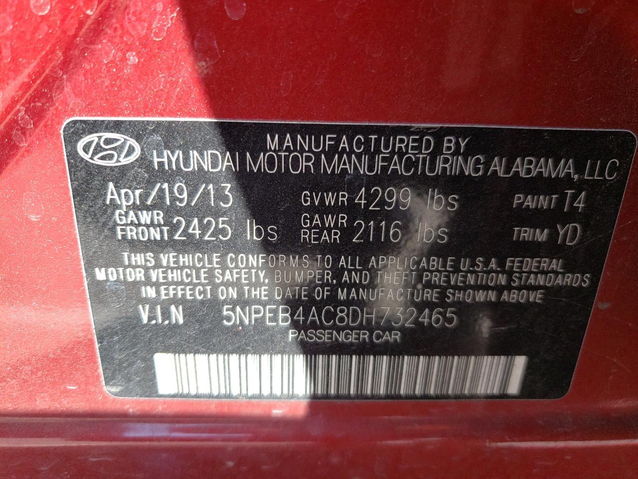Photo 10 from auction – 2013 HYUNDAI SONATA GLS with VIN 5NPEB4AC8DH732465