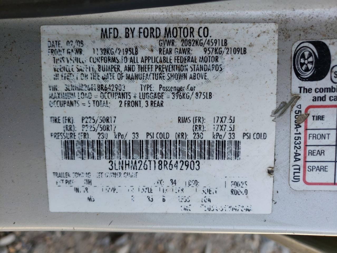Photo 10 from auction – 2008 LINCOLN MKZ with VIN 3LNHM26T18R642903