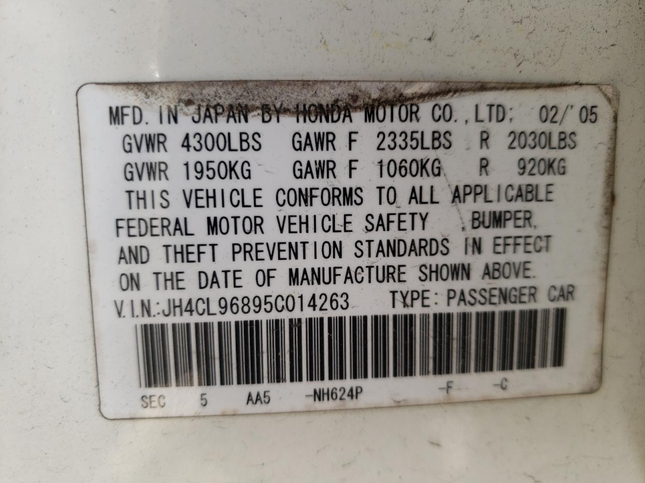 Photo 10 from auction – 2005 ACURA TSX with VIN JH4CL96895C014263