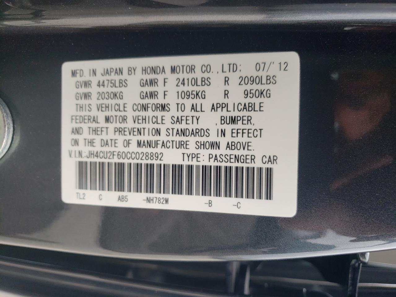 Photo 10 from auction – 2012 ACURA TSX TECH with VIN JH4CU2F60CC028892