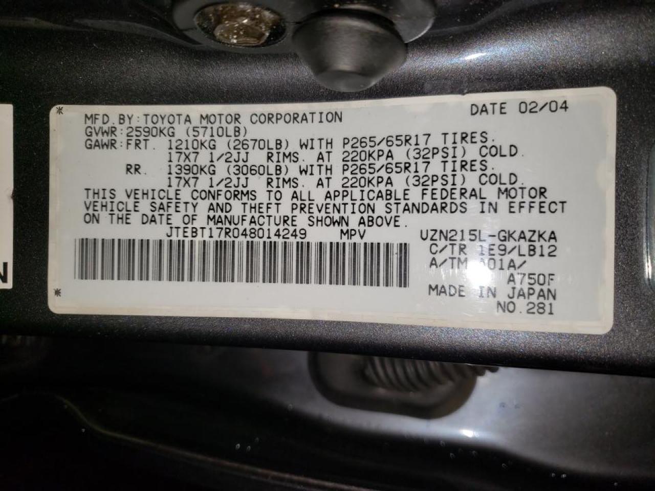 Photo 10 from auction – 2004 TOYOTA 4RUNNER LI with VIN JTEBT17R048014249