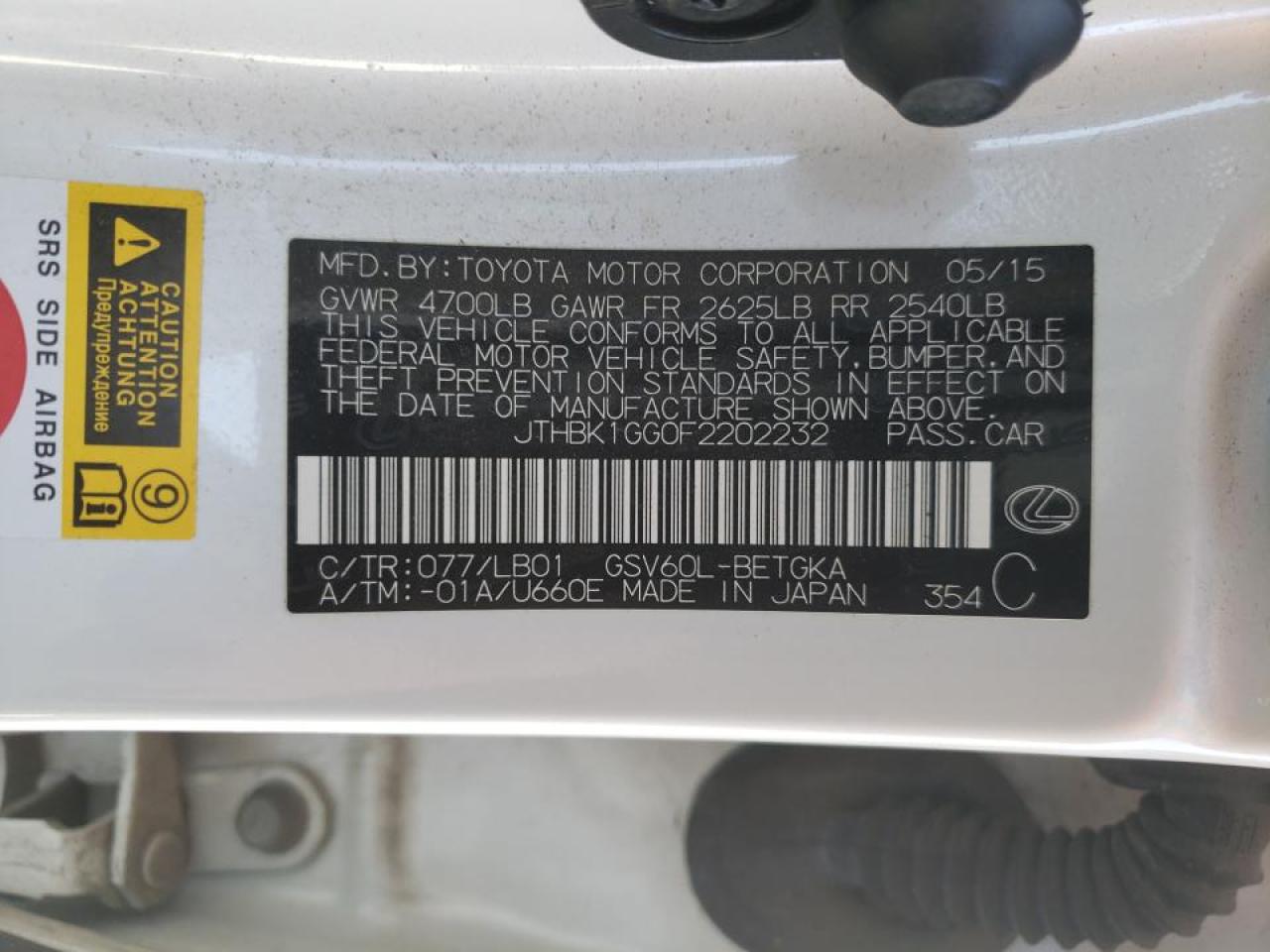 Photo 10 from auction – 2015 LEXUS ES 350 with VIN JTHBK1GG0F2202232