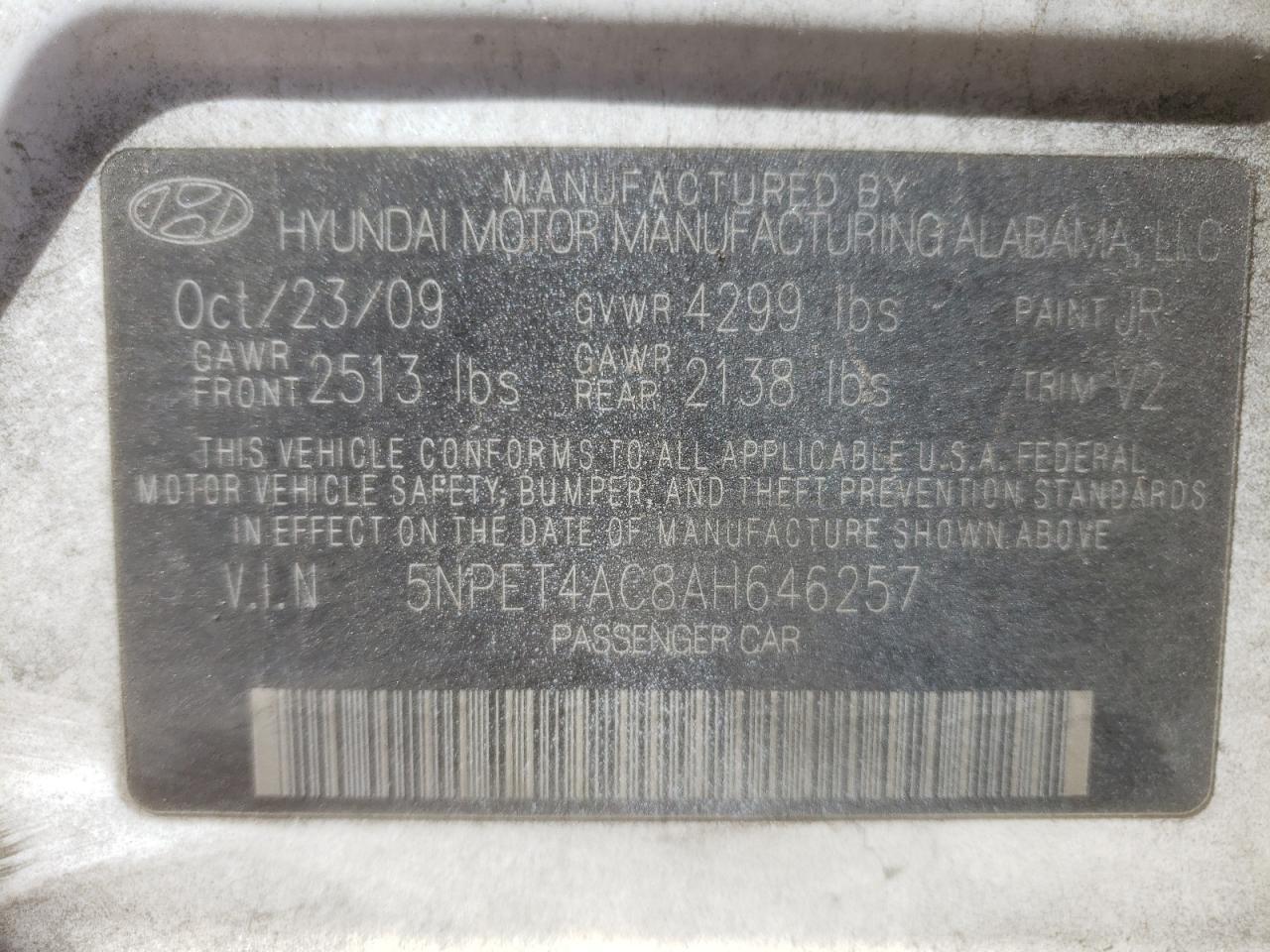 Photo 10 from auction – 2010 HYUNDAI SONATA GLS with VIN 5NPET4AC8AH646257