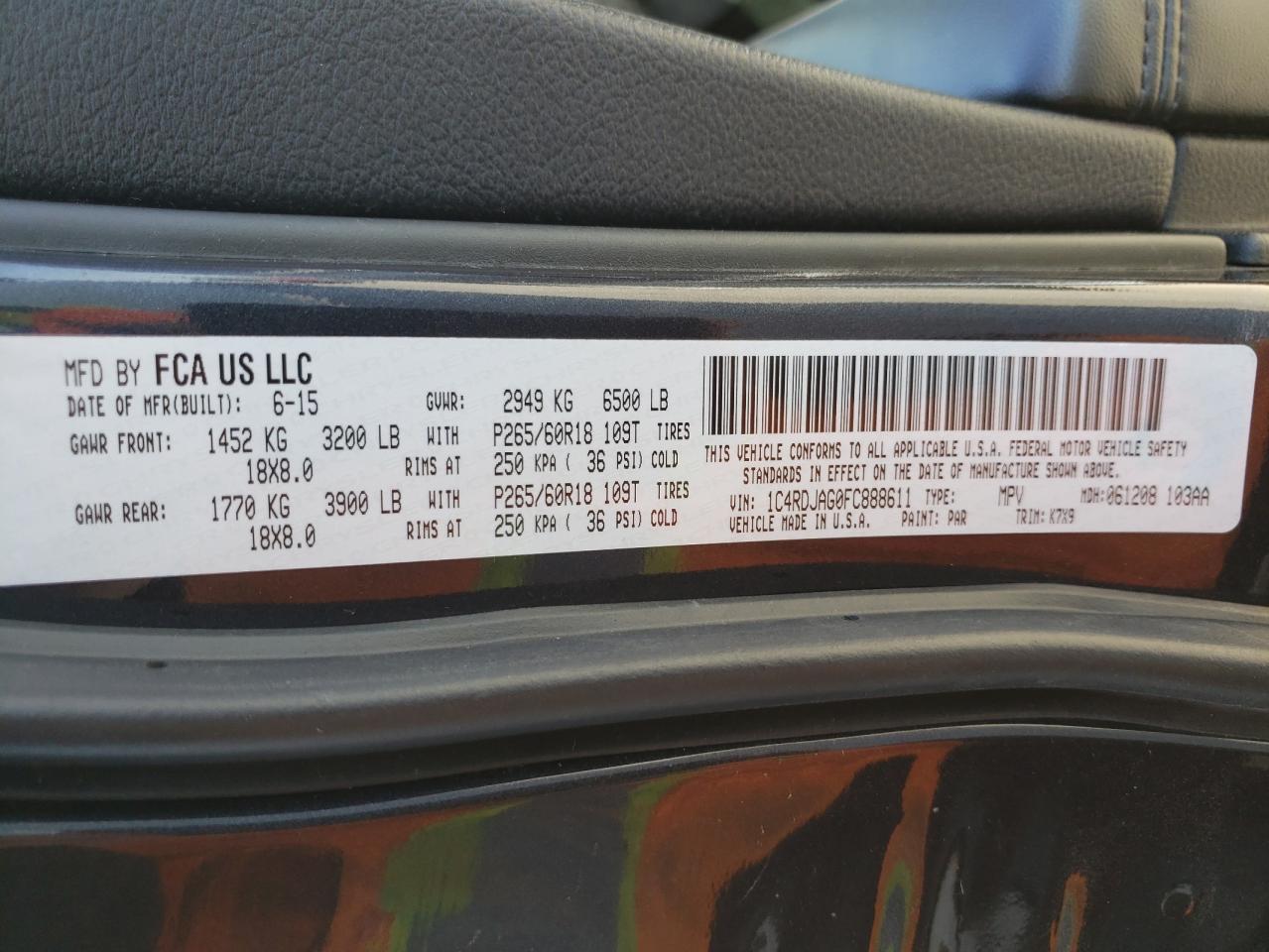 Photo 10 from auction – 2015 DODGE DURANGO SX with VIN 1C4RDJAG0FC888611