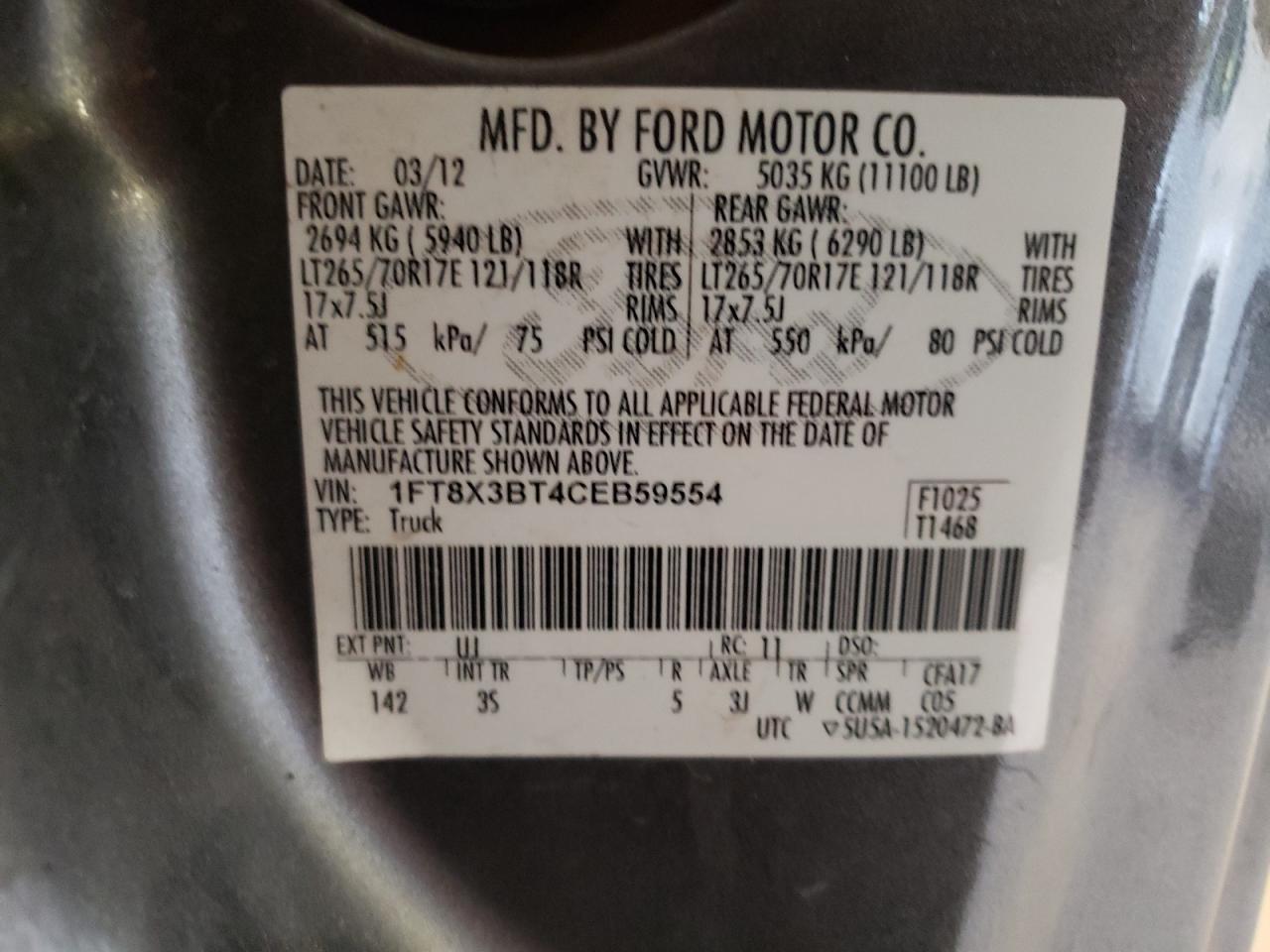 Photo 10 from auction – 2012 FORD F350 SUPER with VIN 1FT8X3BT4CEB59554